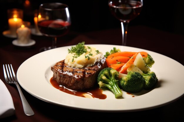 un plato de comida con copas de vino y tenedor