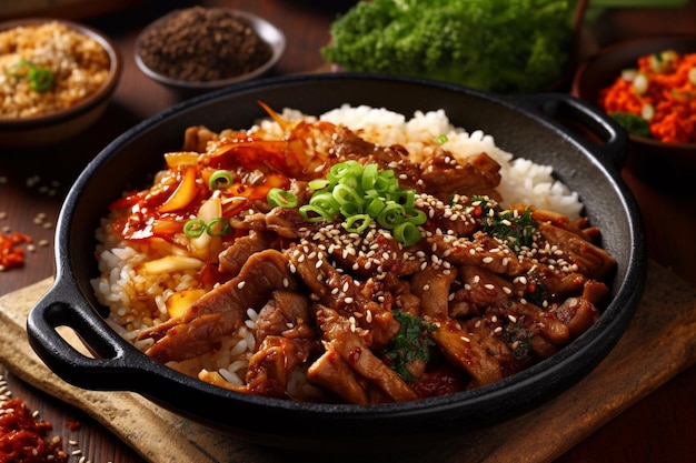 Un plato de comida coreana con arroz y verduras.