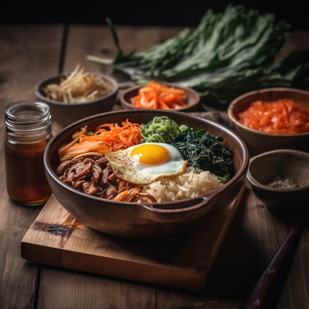 Un plato de comida coreana con un huevo frito encima.