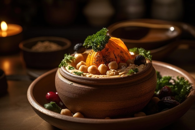 Un plato de comida con una cuchara y un plato de garbanzos.