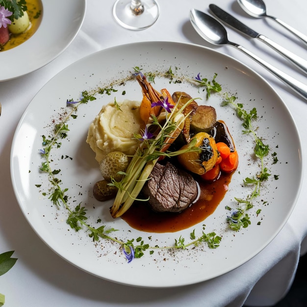 Foto un plato de comida con un cuchillo y un tenedor a su lado