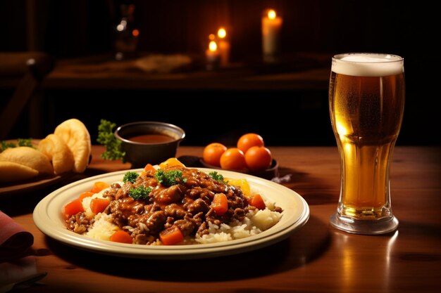 Un plato de comida con un cuenco de comida en él y un vaso de cerveza en la mesa