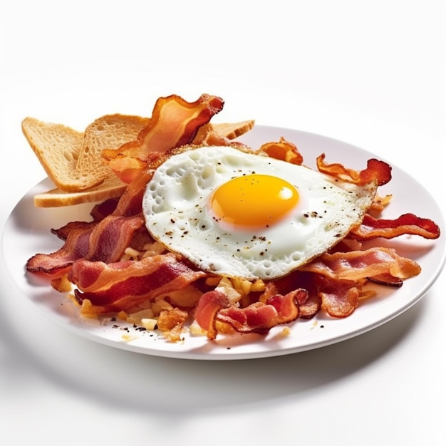 Un plato de comida para el desayuno con un huevo encima