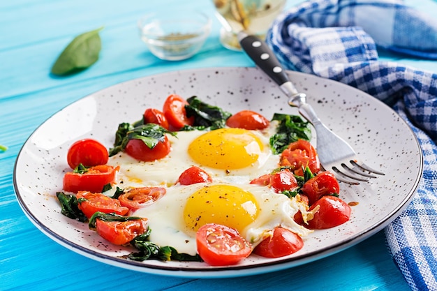 Plato con comida de dieta ceto huevo frito espinaca y tomates desayuno ceto paleo