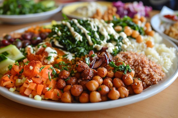 Foto un plato de comida con diferentes platos, incluidos los garbanzos