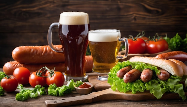 Un plato de comida y dos cervezas.