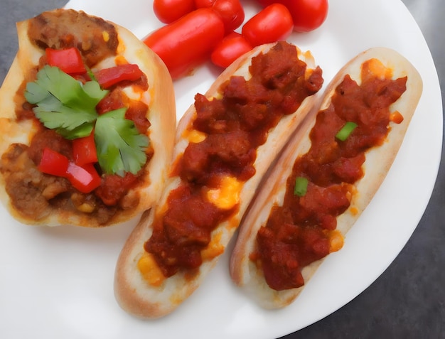 Un plato de comida con dos perritos calientes