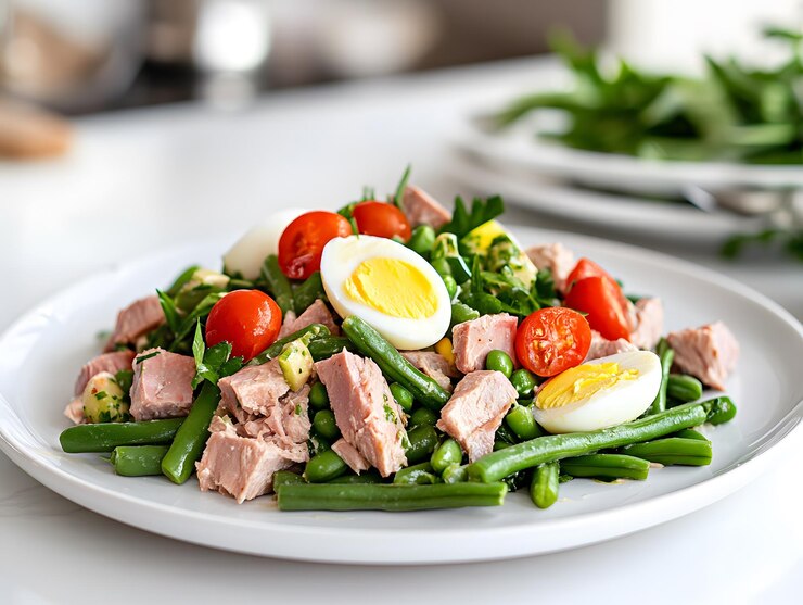un plato de comida con una ensalada de carne, huevos y verduras