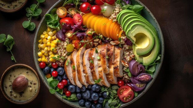 Un plato de comida con una ensalada de pollo.