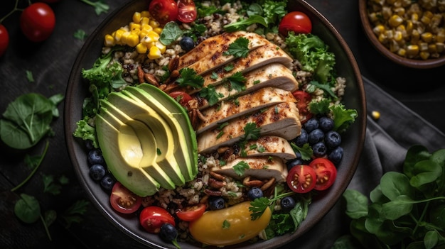 Un plato de comida con una ensalada de pollo