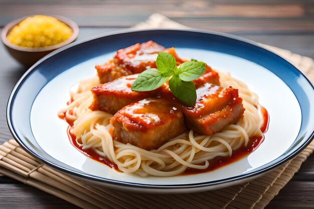 un plato de comida con espaguetis y carne