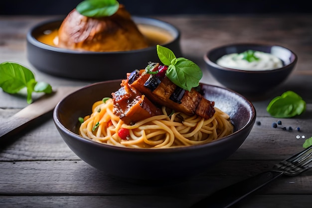 un plato de comida con fideos y carne en él