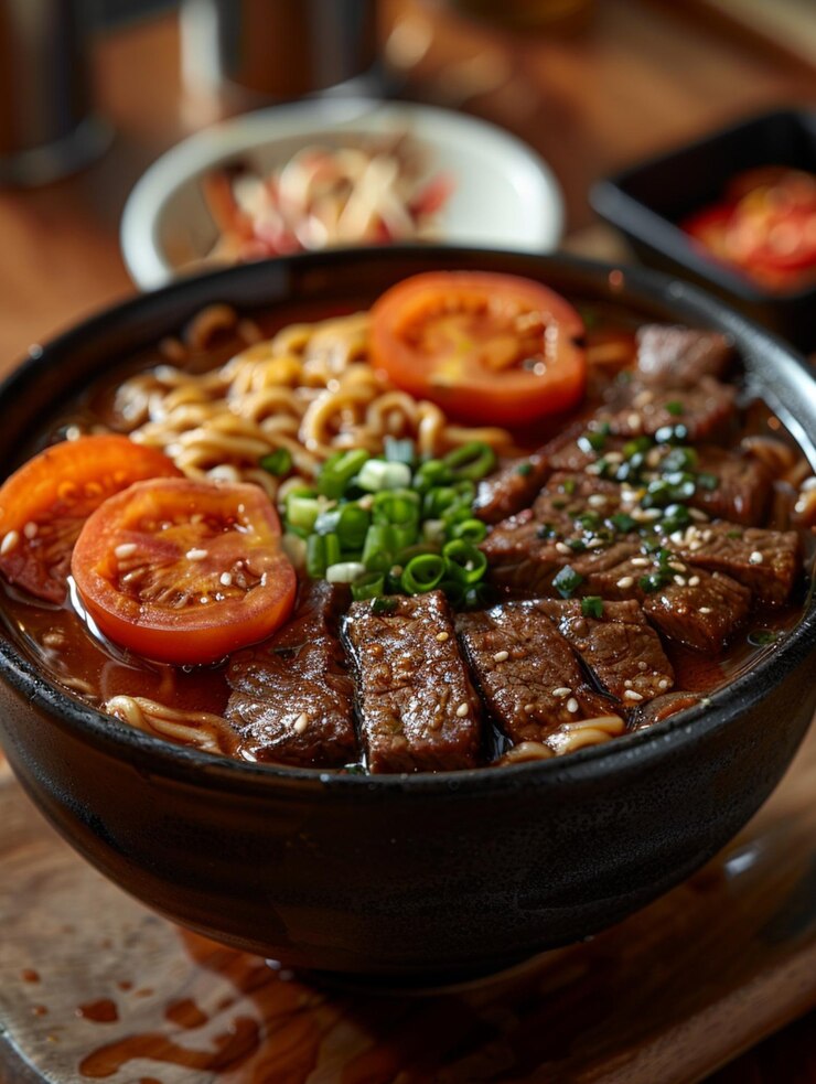 un plato de comida con fideos, carne y verduras