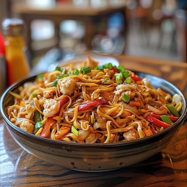 un plato de comida con fideos y verduras en una mesa