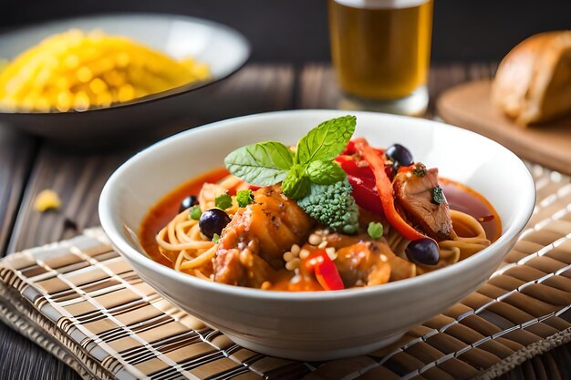 un plato de comida con fideos y verduras en una mesa.