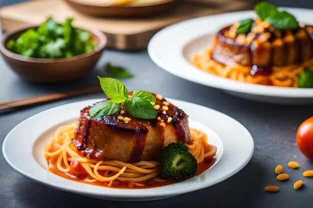 un plato de comida con fideos y verduras