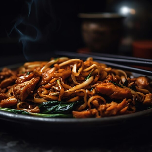 Un plato de comida con fideos y verduras.