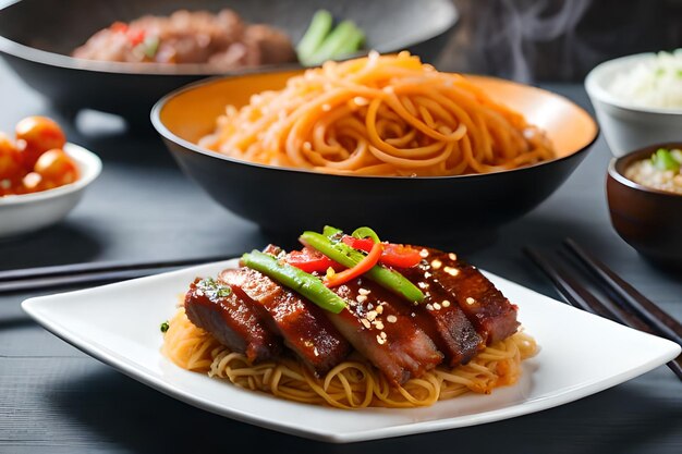 Un plato de comida con fideos y verduras.