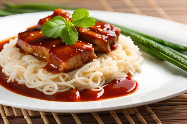 un plato de comida con fideos y verduras