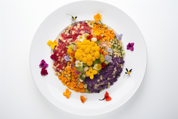 Un plato de comida con una flor de colores