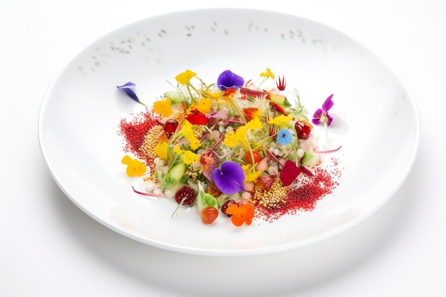 Un plato de comida con una flor de colores.