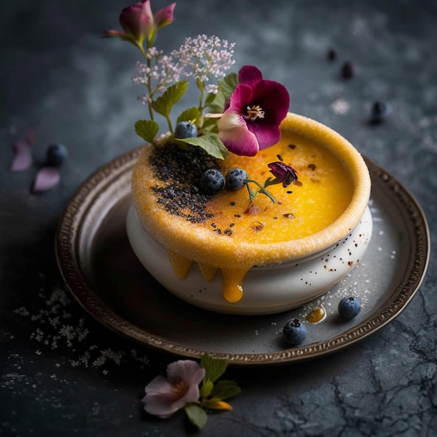 Un plato de comida con una flor encima.