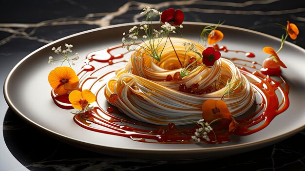 un plato de comida con una flor