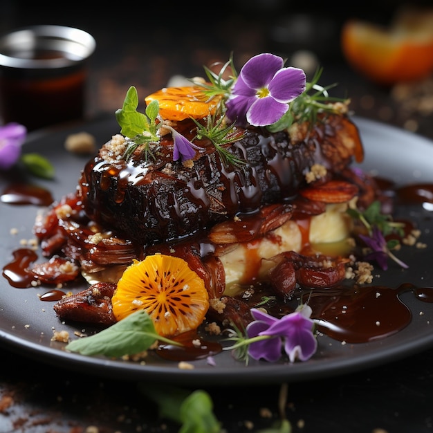 Un plato de comida con flores moradas y un plato de comida con flores moradas.