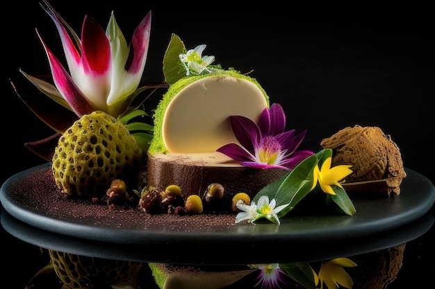 Un plato de comida con flores y un trozo de queso.