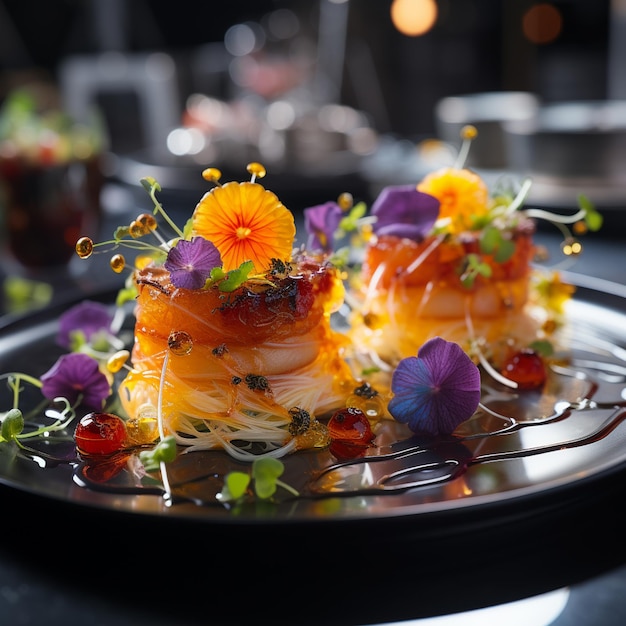 Un plato de comida con flores y una zanahoria