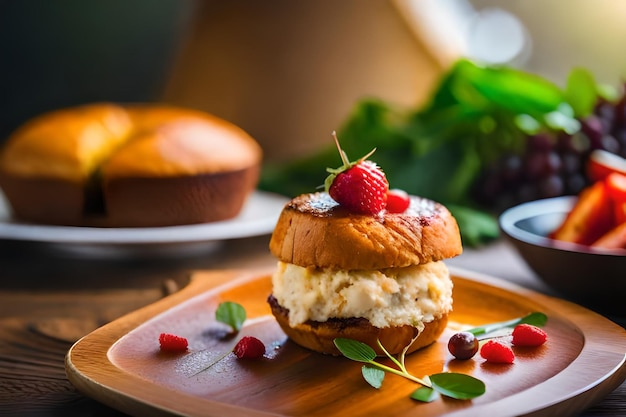 un plato de comida con una fresa en él