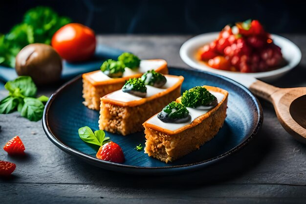 Foto un plato de comida con una fresa y una fresa en el lado