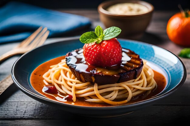 Un plato de comida con una fresa y fresas encima.