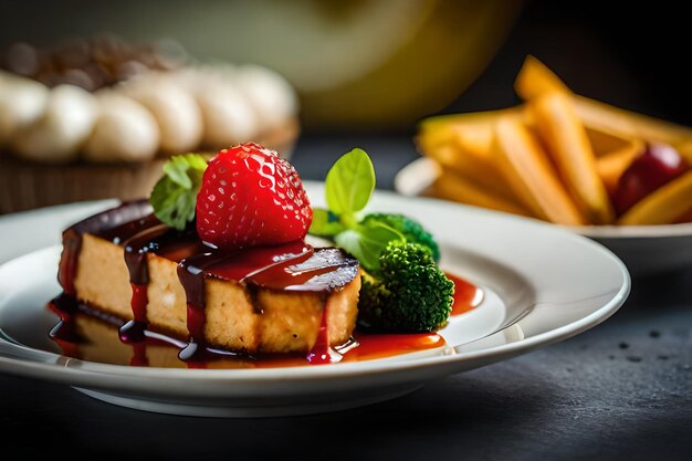 Foto un plato de comida con una fresa y un plito de comida con un pedazo de pastel en él