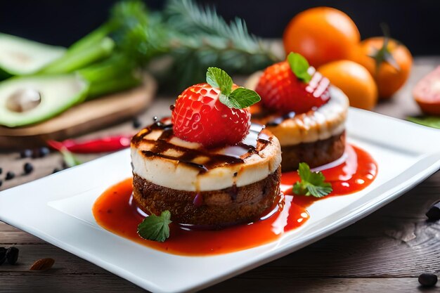 un plato de comida con una fresa y salsa de chocolate en él