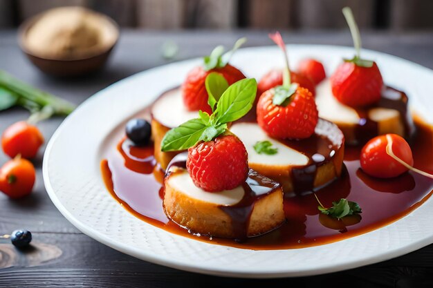 un plato de comida con fresas y chocolate en él