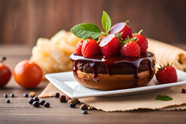 un plato de comida con fresas y chocolate