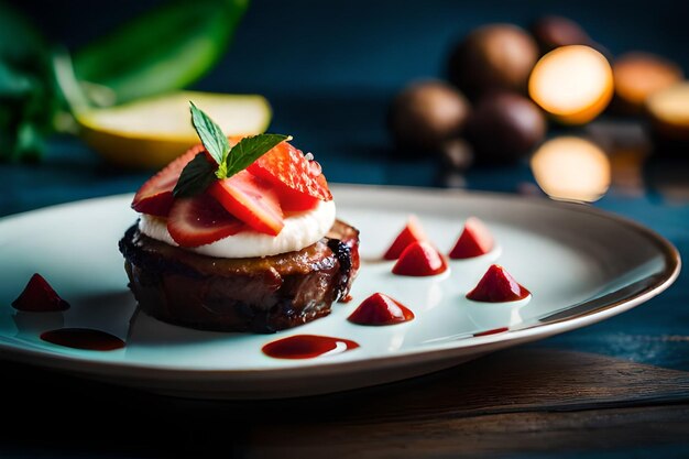 un plato de comida con fresas y crema en él