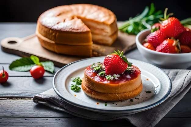 un plato de comida con fresas y un pan en él