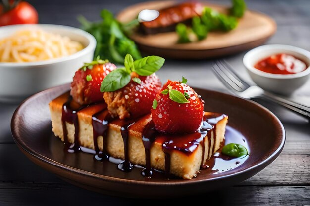 Un plato de comida con fresas y un plato de ensalada.