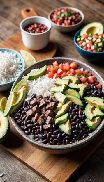 un plato de comida con frijoles de arroz y arroz