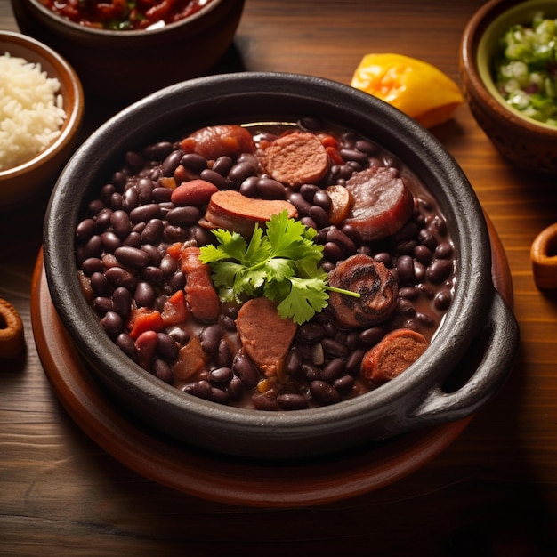 Un plato de comida con frijoles y arroz sobre una mesa.