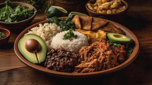 Un plato de comida con frijoles, frijoles, frijoles y frijoles.