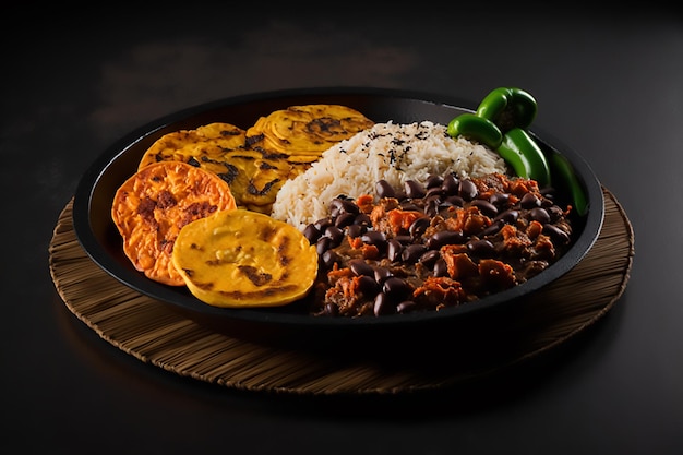 Un plato de comida con frijoles negros y frijoles negros.