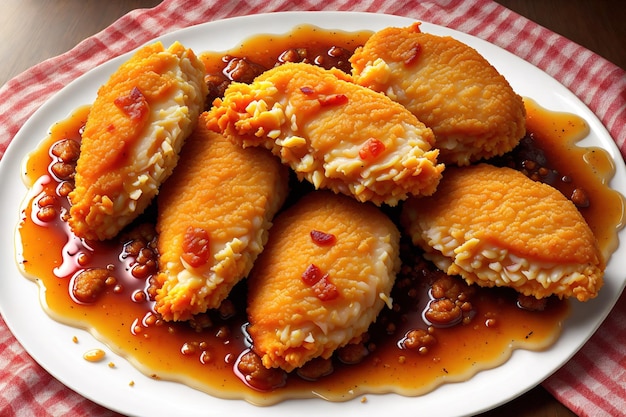 Un plato de comida frita con un mantel a cuadros rojo y blanco.