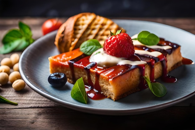 Un plato de comida con fruta y una fresa.