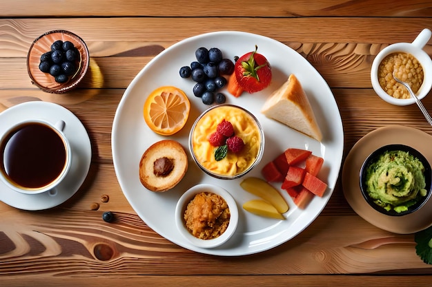 Foto un plato de comida con fruta y una taza de café.