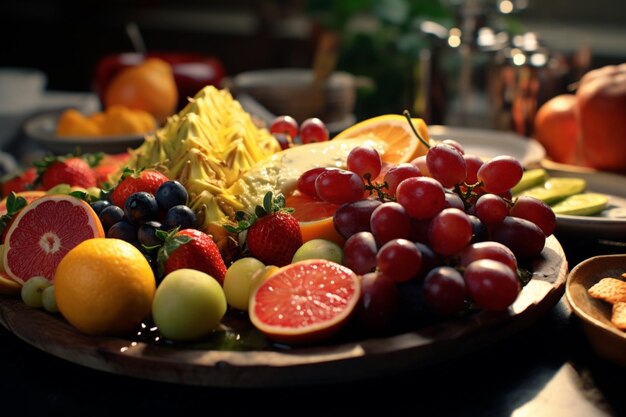 Un plato de comida con frutas en él