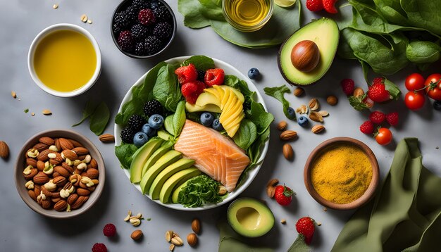 un plato de comida con frutas y verduras, incluida una ensalada