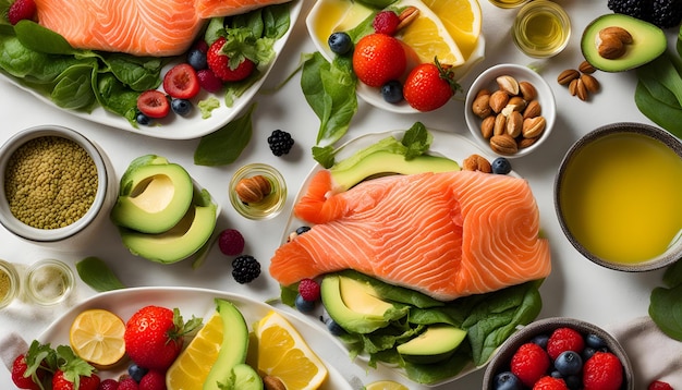 un plato de comida con frutas y verduras, incluidas nueces de pescado y nueces